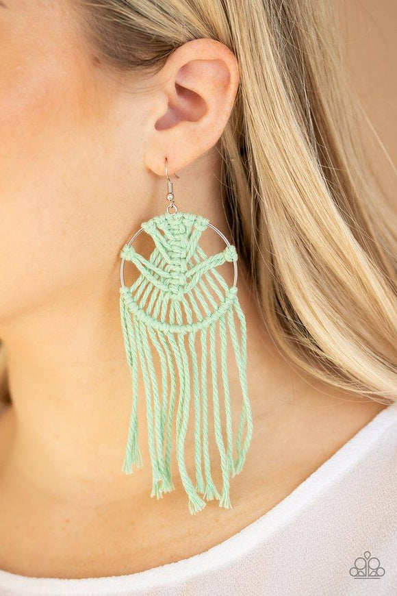 Paparazzi Macrame, Myself And I - Green - Earrings
Soft minty green twine is decoratively knotted around a silver hoop, creating a trendy tassel. Earring attaches to a standard fishhook fitting. 
