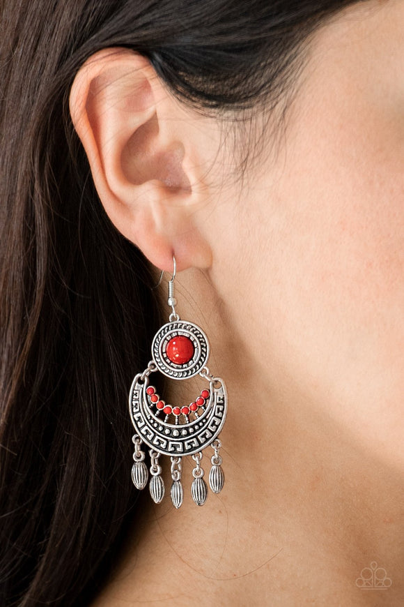 Paparazzi Mantra To Mantra - Red - Earrings
Dotted with a shiny red beaded center, a round silver frame gives way to an ornate silver crescent. Dainty silver beads swing from the bottom of the stacked frames, adding a whimsical fringe to the tribal inspired lure. Earring attaches to a standard fishhook fitting.
