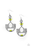 Paparazzi Modern Day Mecca - Yellow - Earrings  Featuring a glittery white rhinestone and faceted Green Sheen beading, an abstract crescent frame attaches to a hammered silver disc, creating a colorfully rustic lure. Earring attaches to a standard fishhook fitting.