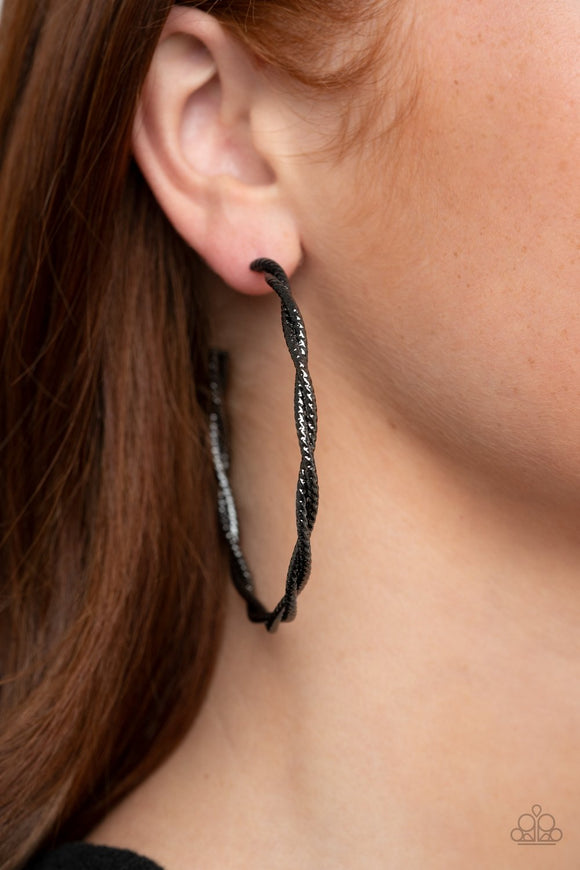 Paparazzi Totally Throttled - Black Gunmetal - Earrings
Featuring diamond-cut shimmer, two glistening gunmetal wires delicately twist into an oversized hoop for an edgy look. Earring attaches to a standard post fitting. Hoop measures approximately 2 3/4