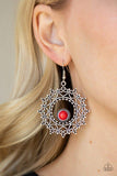 Paparazzi Wreathed In Whimsicality - Red - Earrings
Featuring studded details, frilly heart-shaped filigree spins around a smooth red stone bead, creating a whimsical wreath. Earring attaches to a standard fishhook fitting.All jewelry is Lead &amp; Nickel Free!