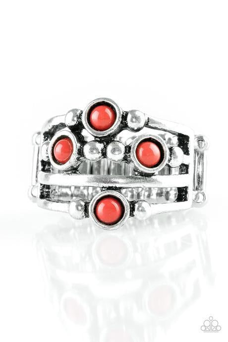 Paparazzi Beach House Party - Red Vivacious red beads sporadically dot studded silver bands, creating a beautiful display of mismatched shimmer across the finger. Features a stretchy band for a flexible fit.
